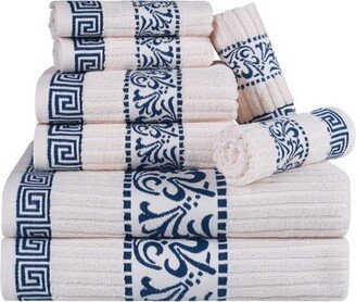 100% Cotton Medium Weight Floral Border Infinity Trim 8 Piece Assorted Bathroom Towel Set, Ivory-Navy - Blue Nile Mills