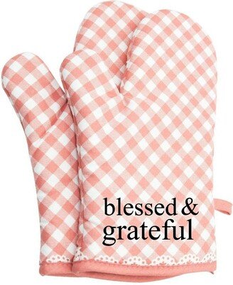 Blessed & Grateful Oven Mitts Cute Pair Kitchen Potholders Bbq Gloves Cooking Baking Grilling Non Slip Cotton