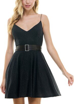 Juniors' Glittered Belted Fit & Flare Dress
