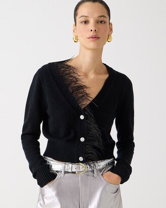 Feather-trim cropped cardigan sweater with jewel buttons