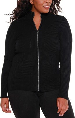 Black Label Plus Size Mock Neck Ribbed Sweater Zip Up