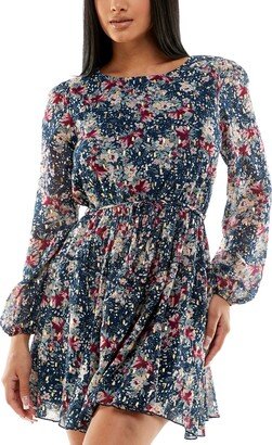 Juniors' Foil-Print Long-Sleeve Dress - Navy/Green