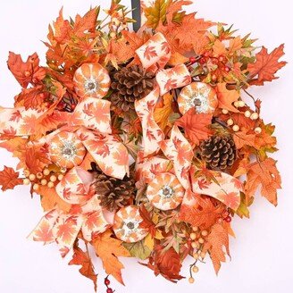 Fall Wreath, Front Door Wreath For Fall, Autumn Thanksgiving Cute Pumpkins, Berry & Pine Cones