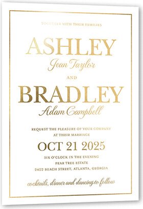 Wedding Invitations: Glistening Glamour Wedding Invitation, White, Gold Foil, 5X7, Matte, Personalized Foil Cardstock, Square