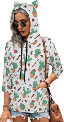MENRIAOV Memphis Pattern And Cactus Womens Cute Hoodies with Cat Ears Sweatshirt Pullover with Pockets Shirt Top S Style