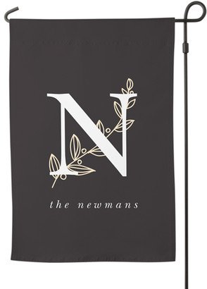 Garden Flags: Classic Foliage Monogram Garden Flag, Flag Stand, Gray