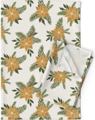 Christmas Flowers Tea Towels | Set Of 2 - Golden Poinsettia By Erin Kendal Floral Gold Linen Cotton Spoonflower