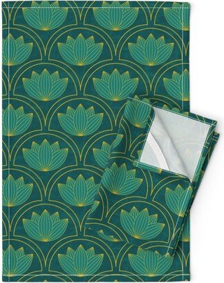 Teal Lotus Tea Towels | Set Of 2 - Jade By Mia Valdez Luxurious 1920S Style Vintage Glamour Linen Cotton Spoonflower