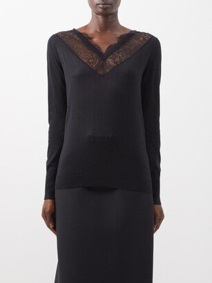 Lace-insert V-neck Wool-blend Sweater