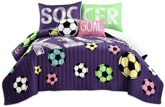 Girls Soccer Kick 5 Piece Quilt Set for Kids, Full/Queen