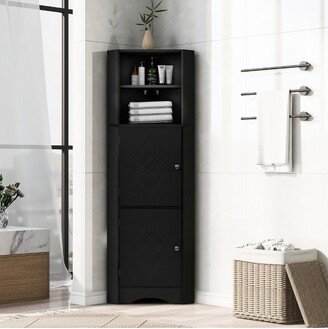 Tall Bathroom Freestanding Corner Cabinet With Door And Adjustable Shelves, Black