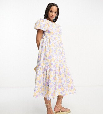 Exclusive puff sleeve midi smock dress in purple & orange retro floral