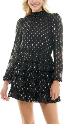 Juniors' Foil Printed Chiffon Dress - Black/Gold