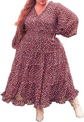 Women's Plus Size Tiered Ruffle Midi Dress With Long Sleeves, - Stamped Dots