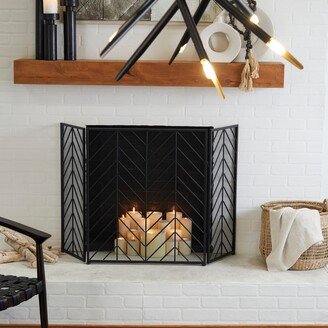 Studio 350 Black Metal Modern Geometric Fireplace Screen with Chevron Pattern