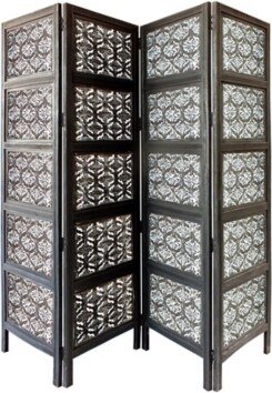 Four Panel Mango Wood Room Divider with Carvings