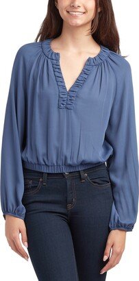 Juniors' Ruched-Neck Long-Sleeve Peasant Top