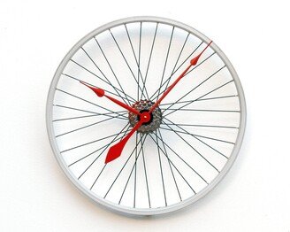 Bike Wheel Clock, Large, Wall, Gear, Cycle, Steampunk, Bicycle, Modern, Road, Repurpose, Reuse, Upcycle, Recycle, Red, Silver, Battery, Chain-AA