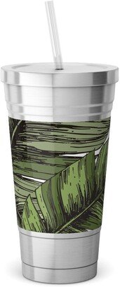 Travel Mugs: Tropical Palm Leaves - Green Stainless Tumbler With Straw, 18Oz, Green