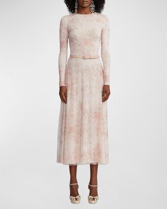 Painted Garden Long-Sleeve Tulle Midi Dress With Leather Belt