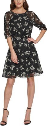 Petites Womens Floral Print Knee Fit & Flare Dress-AA