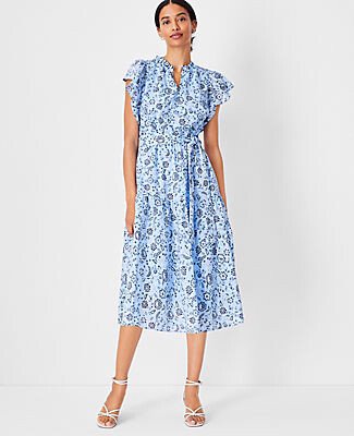 Petite Floral Flutter Sleeve Belted Flare Dress