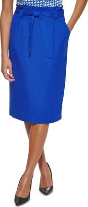 Petites Womens Belted Calf Pencil Skirt