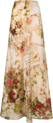 Neutral Luminosity Floral Print Silk Skirt