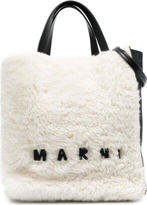 Museum White And Black Wool Shopper Bag With Logo Woman