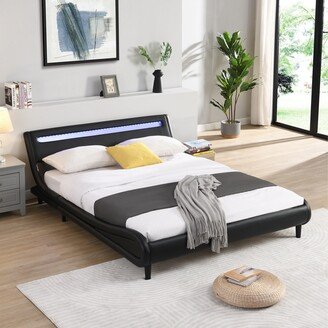 GEROJO LED-Lit Wave-Like Faux Leather Upholstered Platform Bed Frame, Strong Wood Slats, Easy Assembly-AA