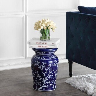 Cherry Blossom 17.7 Ceramic Garden Stool, Navy/White - JONATHAN Y