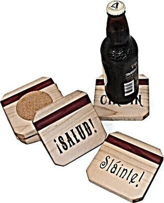 Wooden Coasters Set, Multi Language Cheers Coasters, Engraved Wine Bar Home Cart Accessory, Unique Hostess Gift