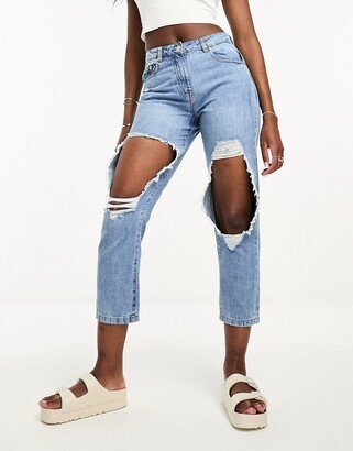 extreme rip boyfriend jeans in mid wash blue-AA