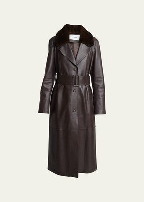 Belted Leather Trench Coat with Shearling Collar