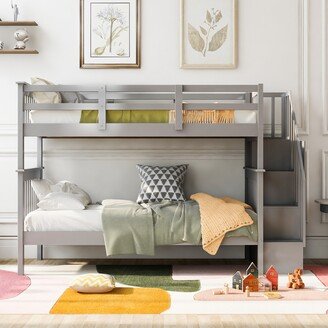 EDWINRAY Stairway Twin-Over-Twin Bunk Bed with Storage and Guard Rail for Bedroom, Dorm, Grey