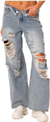 Edikted Women's Foldover Waist Jeans With Row Hem And Distressed Details