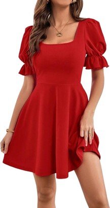 Antiy Women's Dresses Square Neck Puff Sleeve A-line Dress Dress for Women (Color : Red