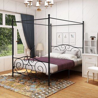 TOSWIN Black Metal Canopy Bed Frame with Vintage Style Headboard & Footboard, Sturdy Steel Construction