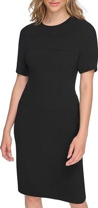 Short Puff Sleeve Drape Crepe Sheath (Black) Women's Dress