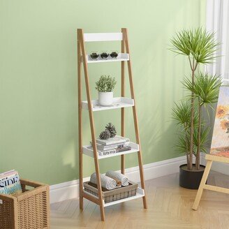 EDWINRAY 4 Tier Bookshelves Ladder Bookshelf w/Open Shelf for Storage, Brown Ladder Shelf & Bookcases-Metal Frame