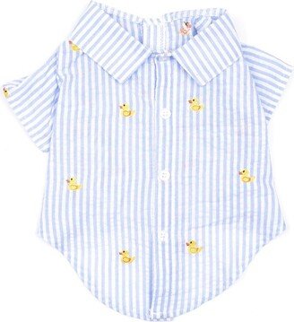 The Worthy Dog Embroidered Rubber Ducks Stripe Seersucker Button Up Look Pet Shirt - Light Blue/White - XS