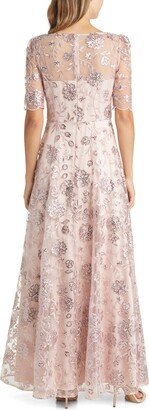 Sequin Floral Illusion Lace Fit & Flare Gown