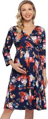 KOJOOIN Women's Maternity Long Sleeve Dress V Neck Casual A-Line Midi Dressess Navy Blue Print S