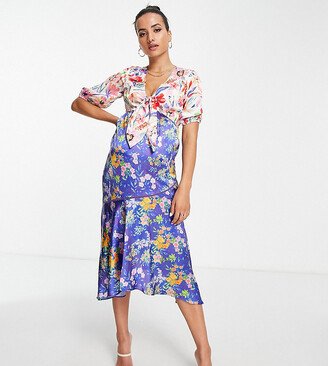 Hope & Ivy Maternity tie front midi tea dress contrast floral