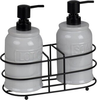 2 Piece Embossed Glazed Ceramic Soap Dispenser with Dual Compartment Metal Rack, White