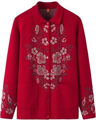 HangErFeng Women Wool Sweater Jacquard Thicken Knitted Cardigan Top 1721 Red XL