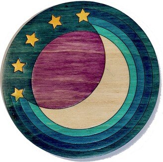 Moon & Stars Night Time Waterproof Wooden Coaster, Hand Colored With Homemade Ink. Combine Orders & Build Your Set Of 6 For A Free Case