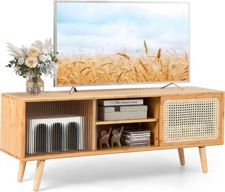 Modern TV Stand Entertainment Center Media Console w/Rattan Glass Sliding Doors