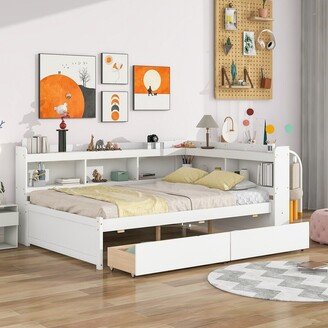 Aoolive Twin/Full Size Daybed with L-Shaped Bookcase and 2 Drawers, Wood Platform Bed Frame