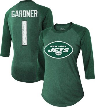 Women's Threads Ahmad Sauce Gardner Green New York Jets Player Name and Number Tri-Blend Raglan 3/4-Sleeve T-shirt
